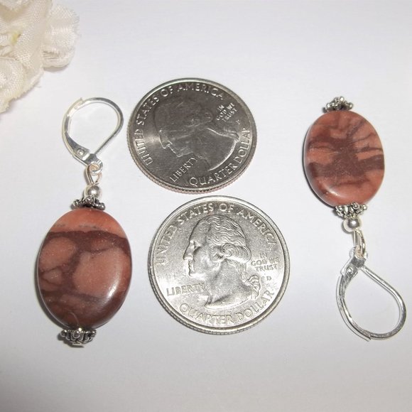 Earring Set Brown Faux Jasper Gemstone Silver Dangle Drop Lever Back Boho 6727 - Picture 3 of 7